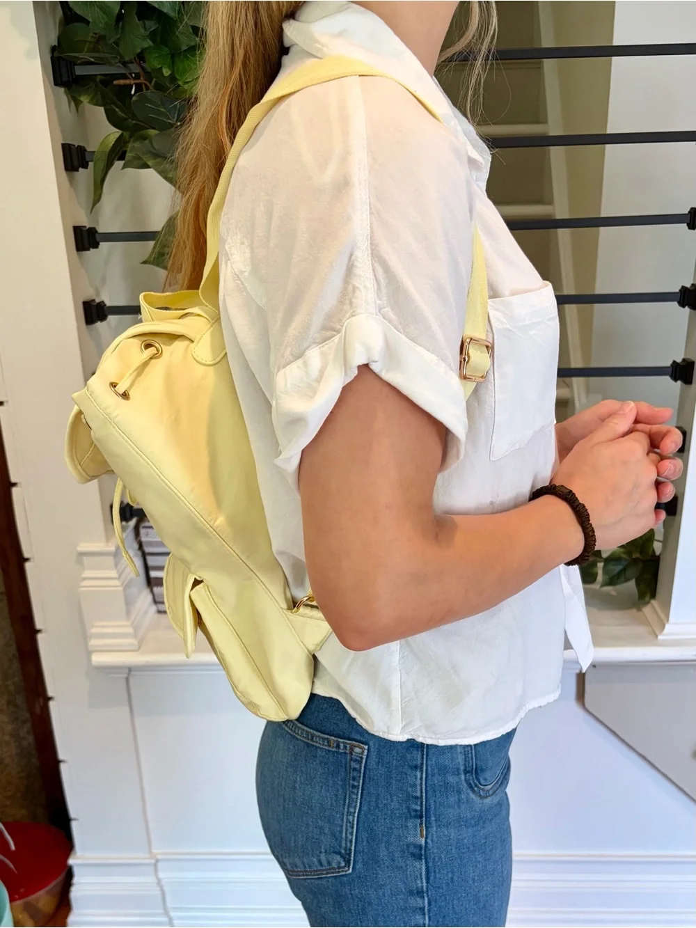 Year of Ours Yellow Nylon Drawstring Backpack Gold Hardware Utility Pockets